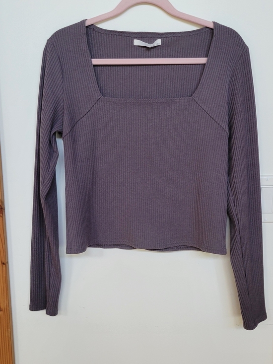 Monk & Lou Tops - Monk & Lou Ribbed Square Neck Long Sleeve Top - Grey/Purple